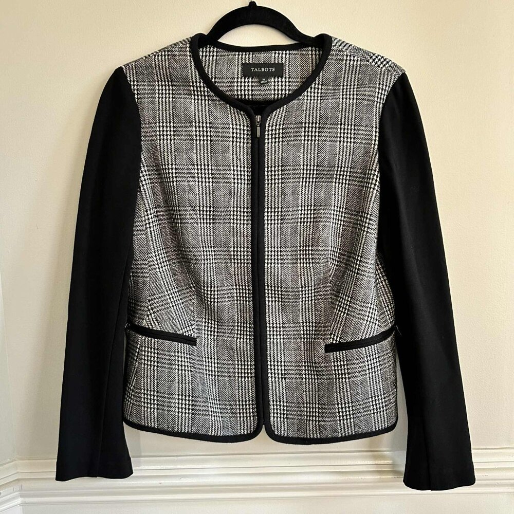Talbots Houndstooth Plaid Black White Long Sleeve Zip Front Jacket Blazer Sz 10